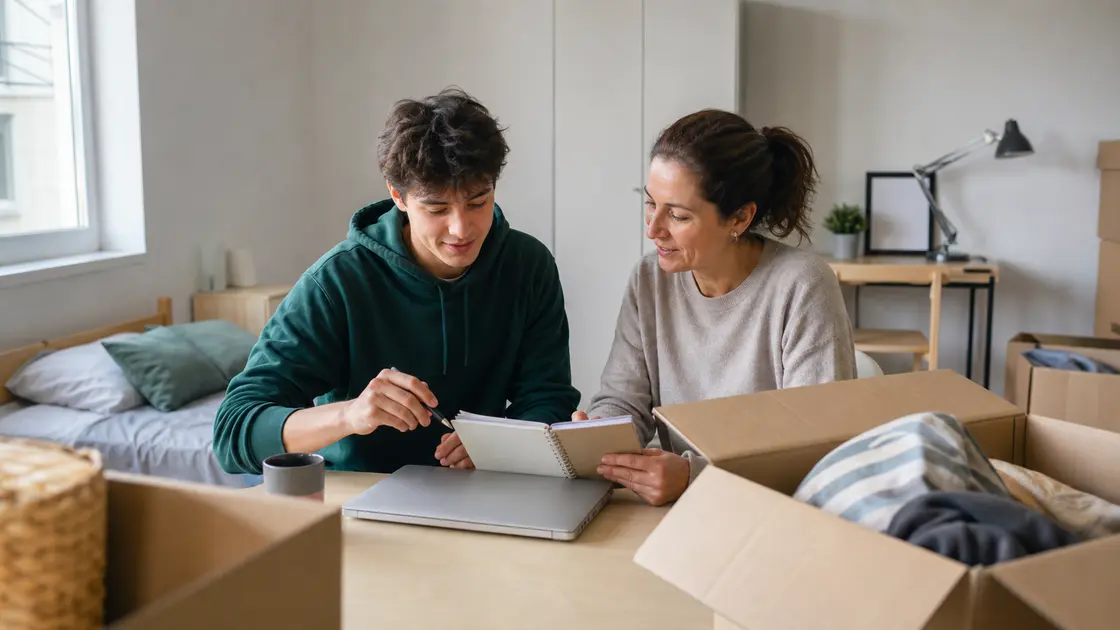 Un étudiant prépare son installation et son budget dans un studio avec un parent
