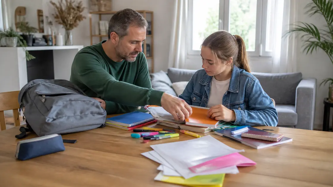 Un parent et une adolescente préparent des cahiers et des fournitures scolaires autour d'une table