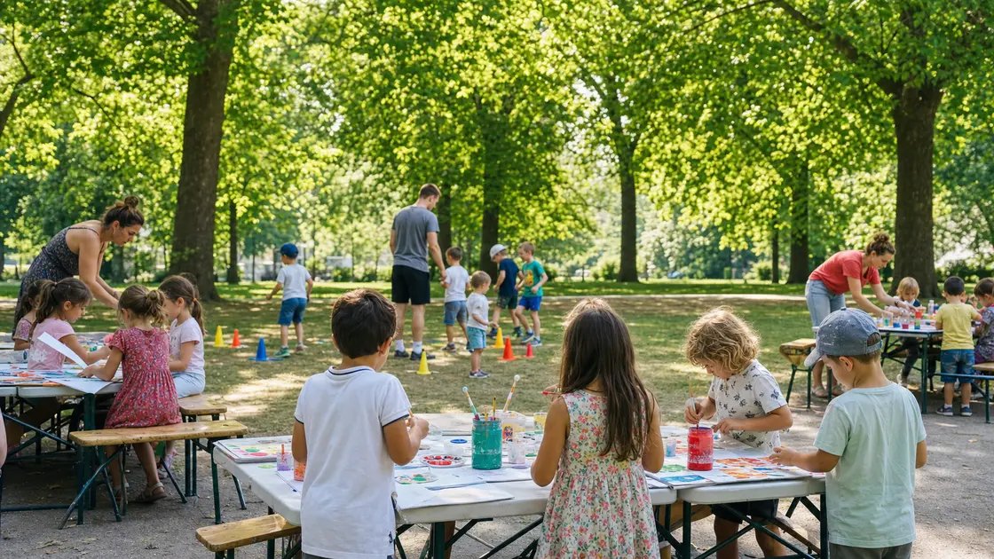 Des enfants de dos participent à des ateliers créatifs et sportifs dans un parc