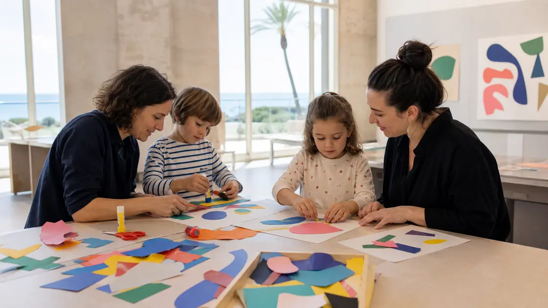 Deux enfants créent des collages en papier coloré avec deux adultes dans un atelier lumineux