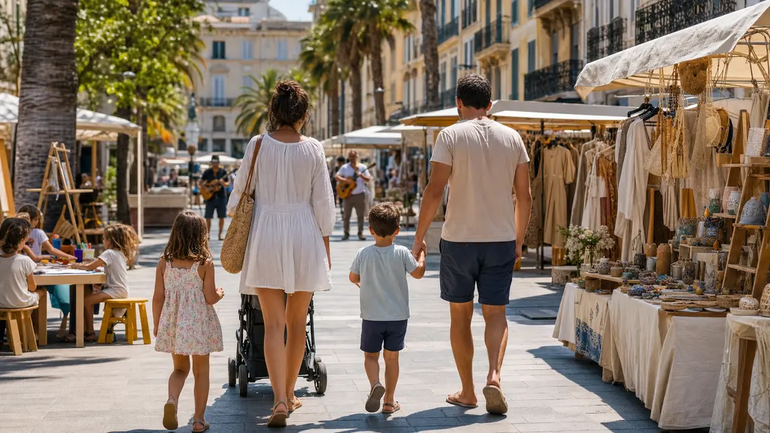 Une famille parcourt la braderie d'été dans le centre historique de Toulon