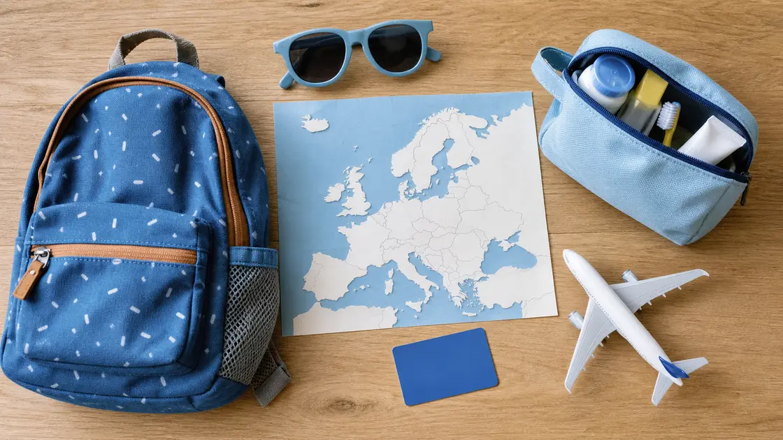 Un petit sac de voyage, une carte de santé générique et une carte d'Europe sont préparés pour les vacances