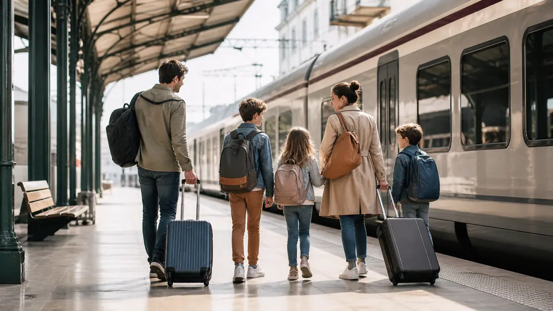Deux parents et leurs trois enfants avancent avec leurs bagages sur le quai d'une gare