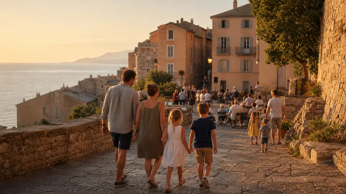 Une famille marche vers une animation estivale dans la citadelle de Bastia au coucher du soleil