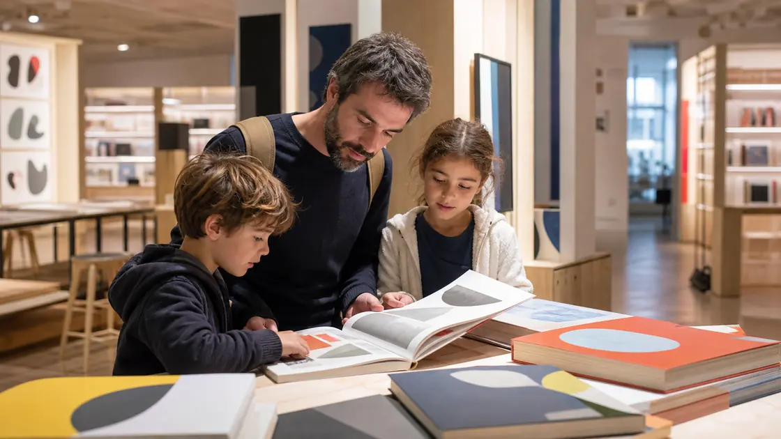 Un parent et ses enfants découvrent un espace consacré à la bande dessinée dans un musée à Angoulême