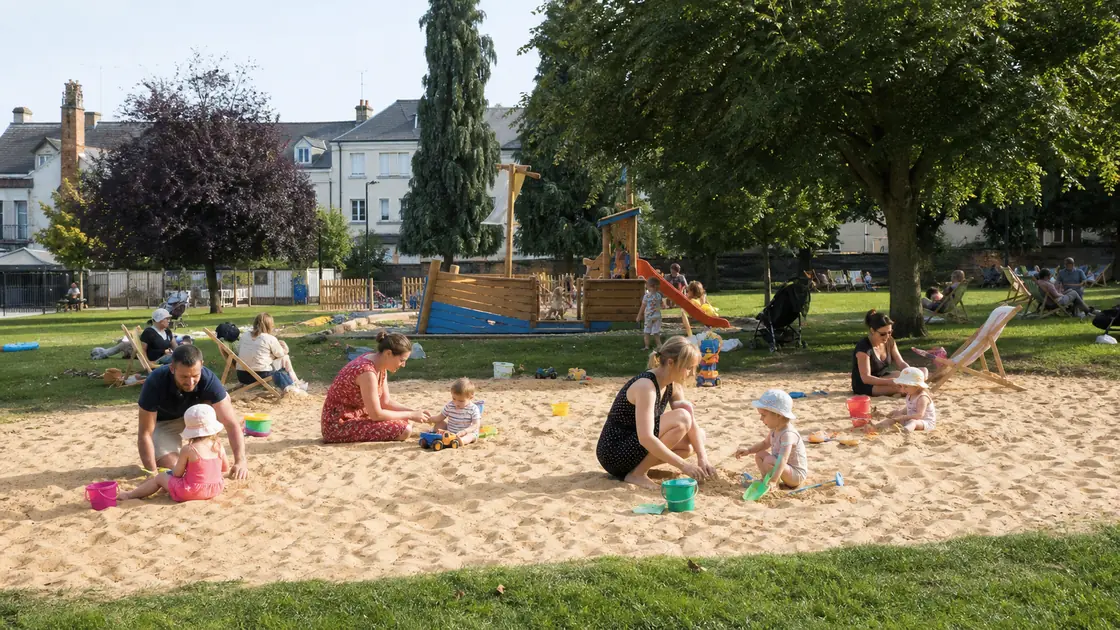 Des familles profitent d'un espace estival avec sable et jeux pour enfants à Condé-en-Normandie