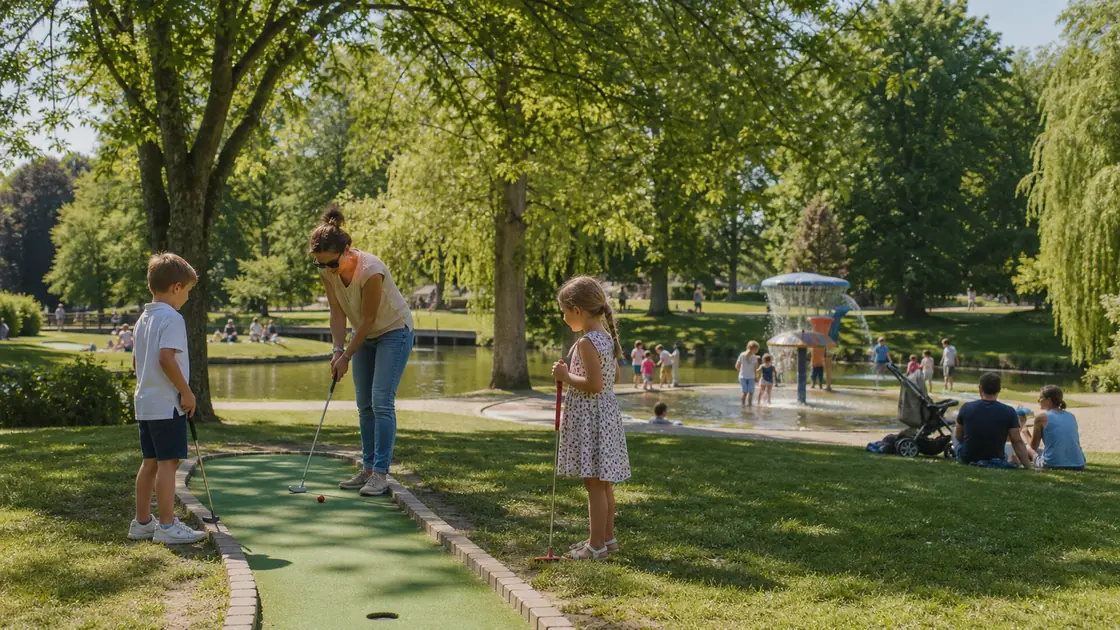 Une famille joue au mini-golf près d’un espace de jeux d’eau dans un parc arboré