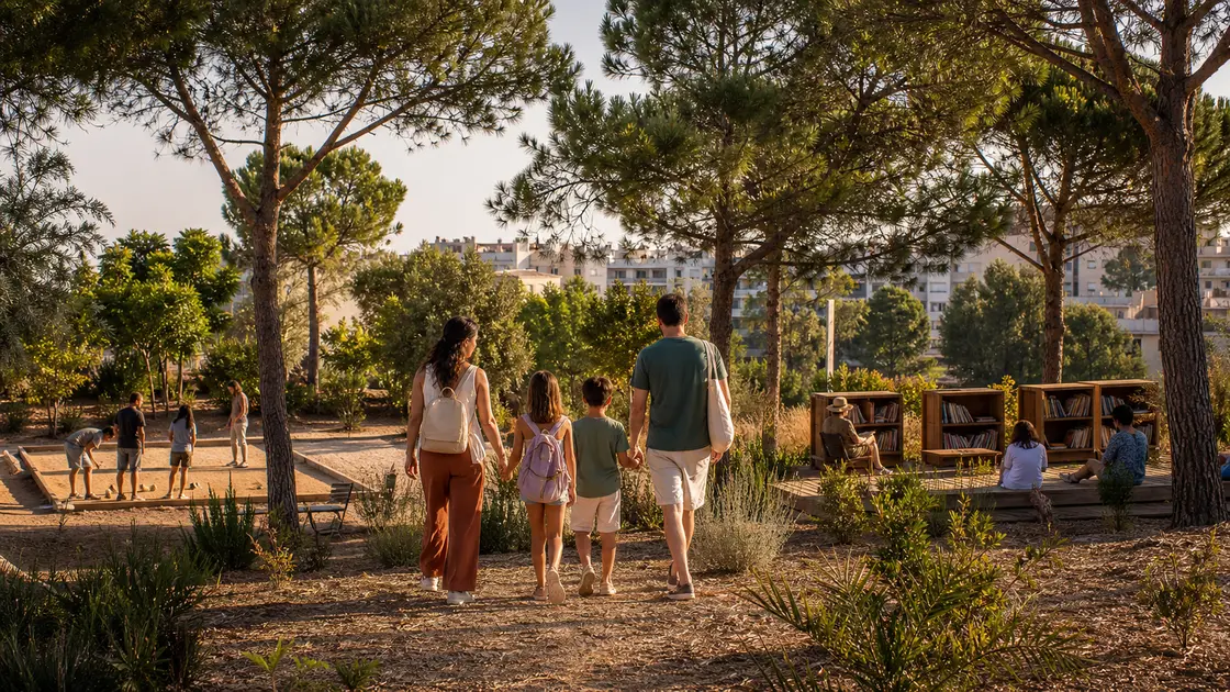 Une famille de dos rejoint des jeux et un espace de lecture dans un parc méditerranéen