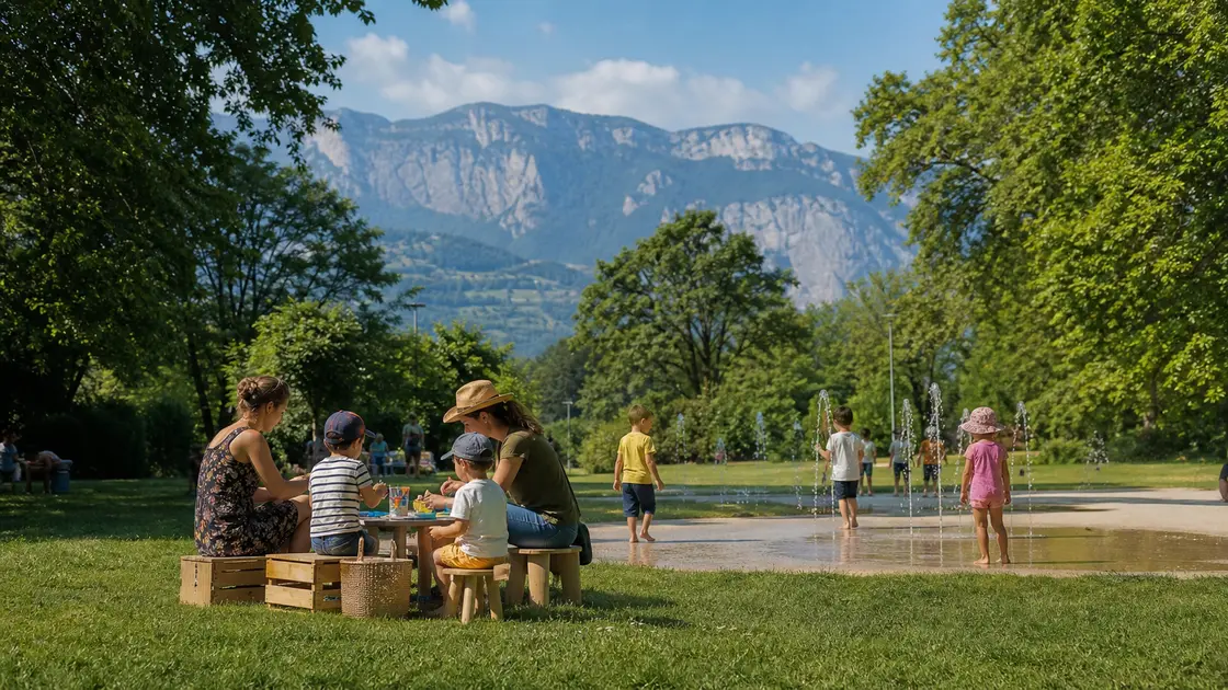 Atelier familial et jeux d’eau dans un parc avec les montagnes en arrière-plan
