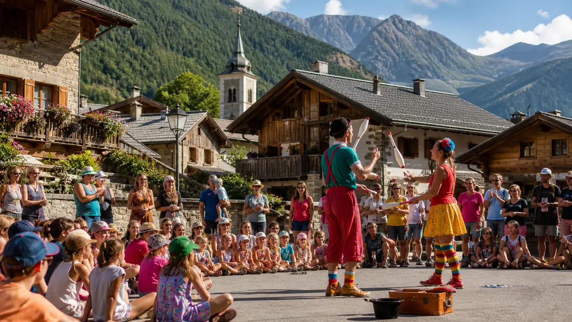 Des familles assistent à un spectacle de rue dans un village alpin pendant un festival pour enfants