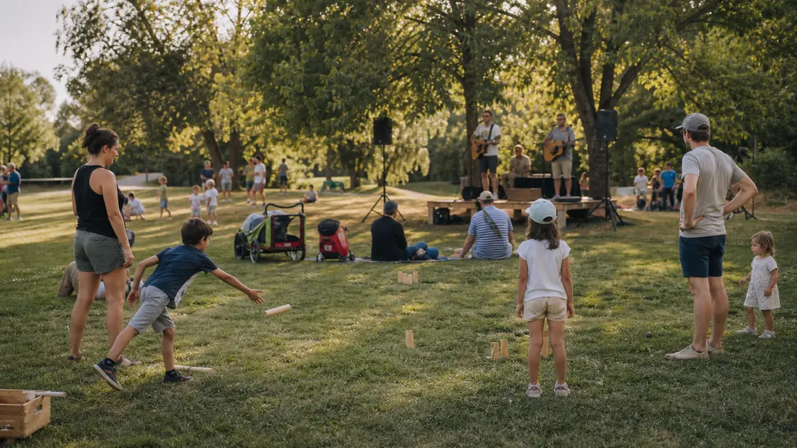 Des enfants jouent sur une pelouse pendant un petit concert familial dans un parc