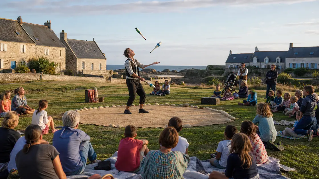 Des familles regardent un jongleur en plein air près du littoral breton