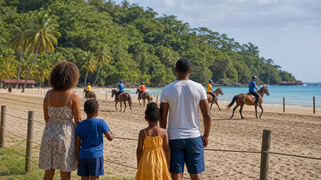 Une famille observe une animation équestre sur une plage de Sainte-Marie en Martinique