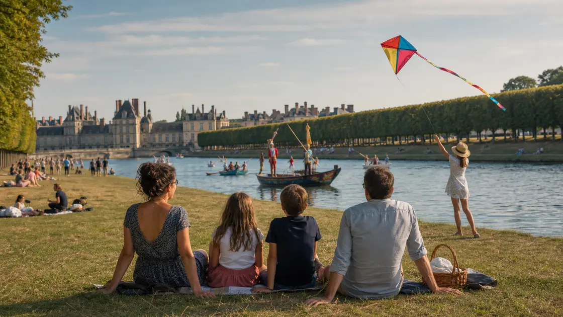 Une famille profite des animations au bord du Grand Canal de Fontainebleau