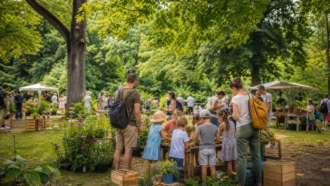 Des familles participent à un atelier de jardinage au milieu de stands végétaux dans un grand parc