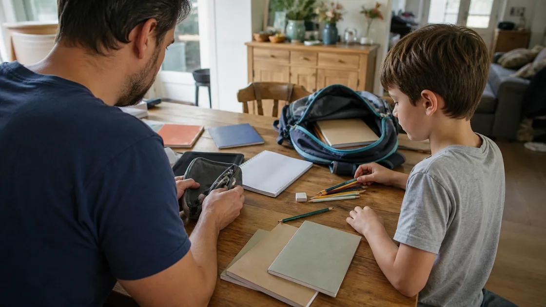 Un parent et un enfant trient des fournitures scolaires à la maison