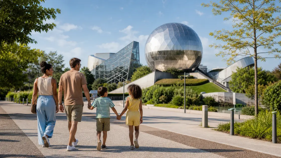 Une famille se dirige vers la sphère futuriste du Futuroscope sous un ciel d'été