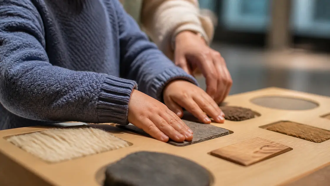 Les mains d'un enfant explorent des objets tactiles lors d'une visite sensorielle dans un musée à Bayonne
