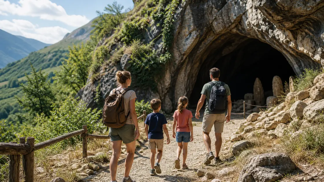 Une famille marche vers l'entrée d'une grotte dans un paysage montagneux des Pyrénées