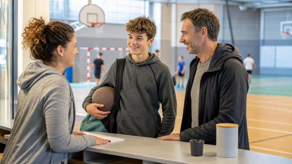 Un parent et son adolescent échangent avec une éducatrice lors d’une inscription sportive