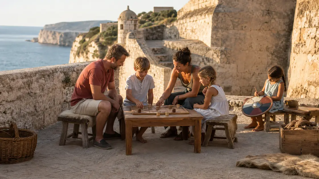 Une famille joue à un jeu de stratégie sur les remparts en pierre de Bonifacio