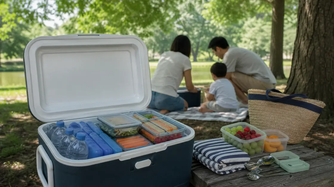 Une famille prépare un pique-nique avec une glacière et des aliments conservés au frais