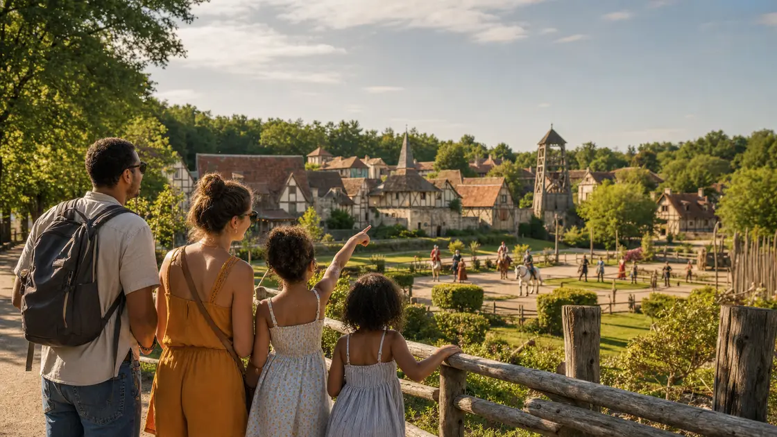 Une famille observe un village historique et un spectacle équestre au Puy du Fou