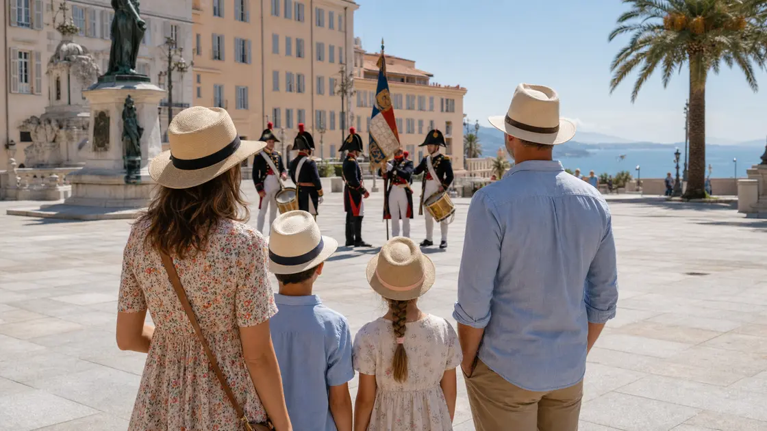 Une famille assiste à la Relève de la Garde impériale dans le centre d’Ajaccio