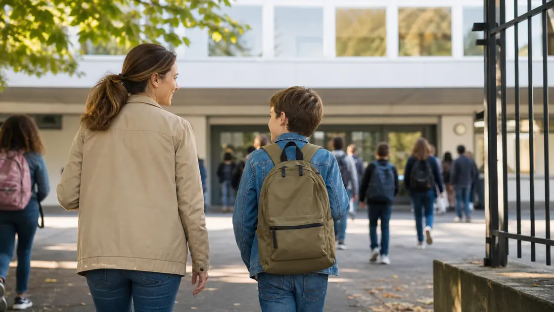 Un parent accompagne un enfant avec son sac à dos vers l'entrée d'un collège