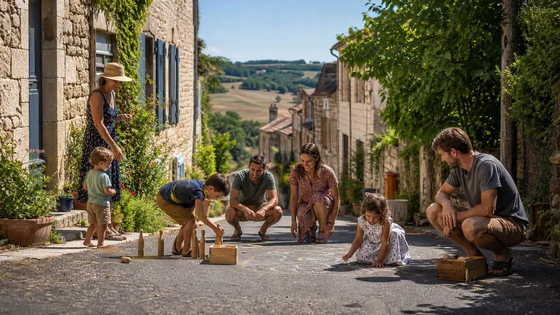 Des enfants jouent avec leurs parents dans une rue piétonne animée d'un village du Lot
