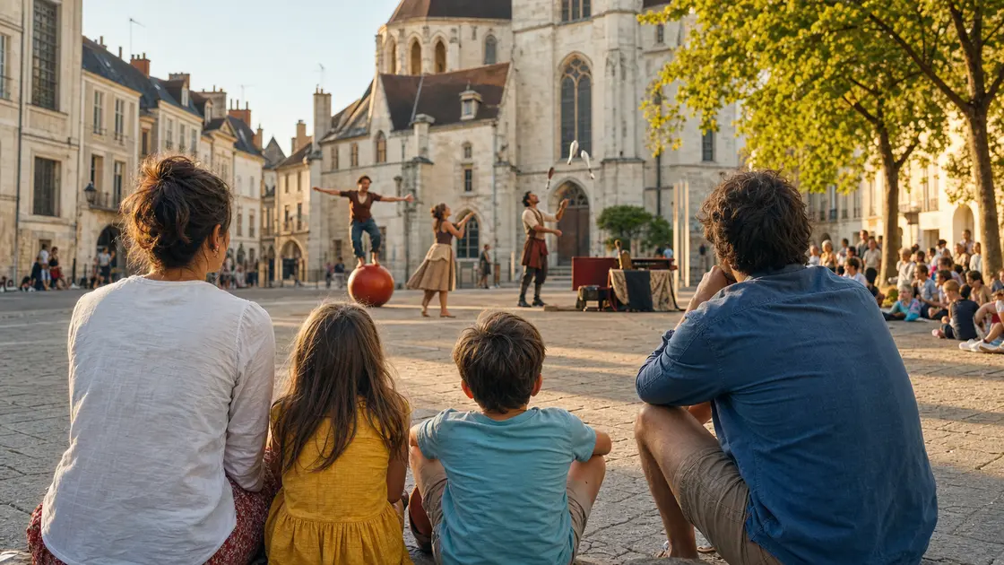 Une famille regarde un spectacle de rue dans le centre historique d'Auxerre