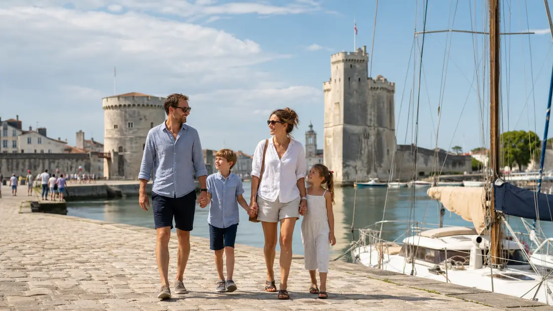 Une famille se promène sur le Vieux-Port de La Rochelle avec les tours historiques en arrière-plan