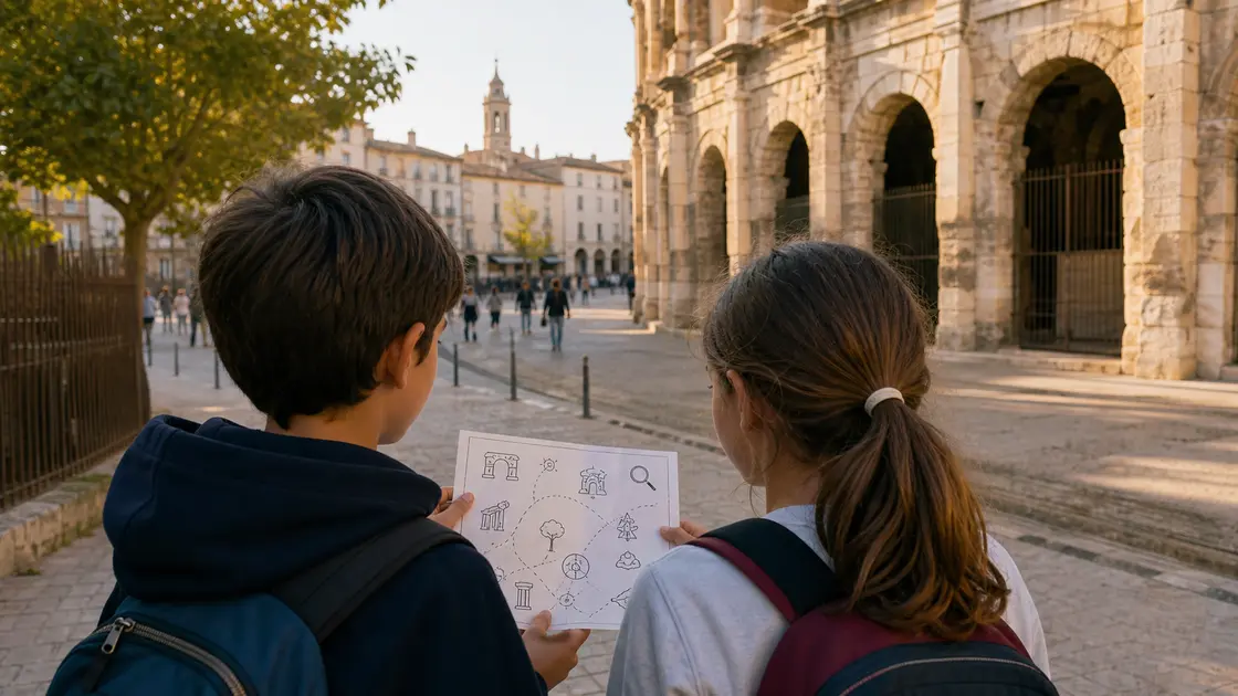 Deux enfants suivent une visite-jeu dans le centre historique de Nîmes avec une fiche d'énigmes