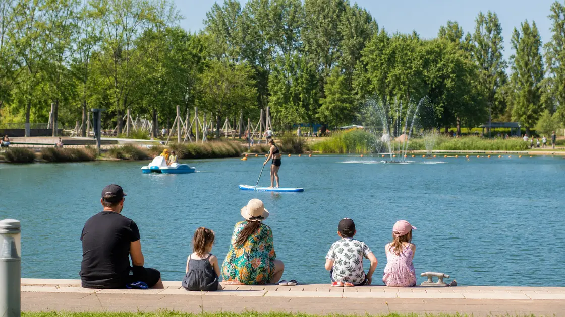 Une famille assise au bord d'un lac urbain regarde des activités nautiques et des jeux d'eau
