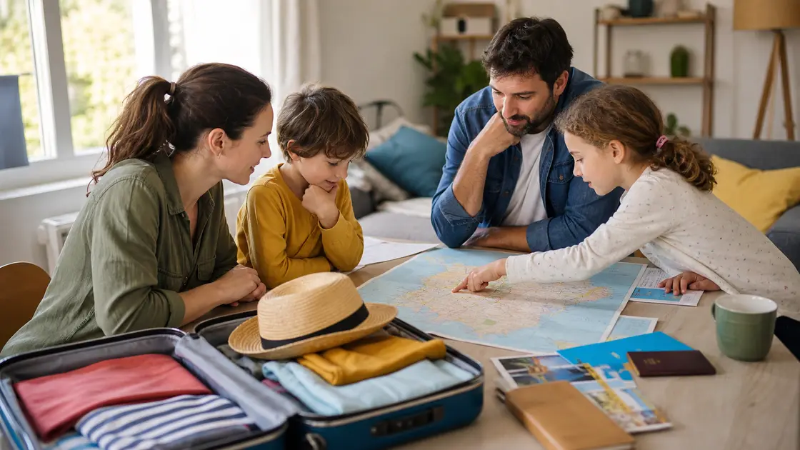 Des parents et leurs deux enfants préparent leurs vacances autour d'une carte et d'une valise ouverte