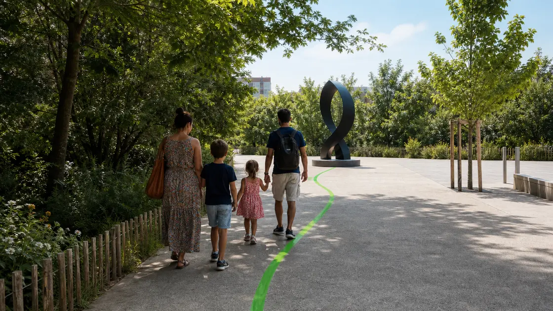 Une famille suit une ligne verte entre un jardin et une sculpture abstraite