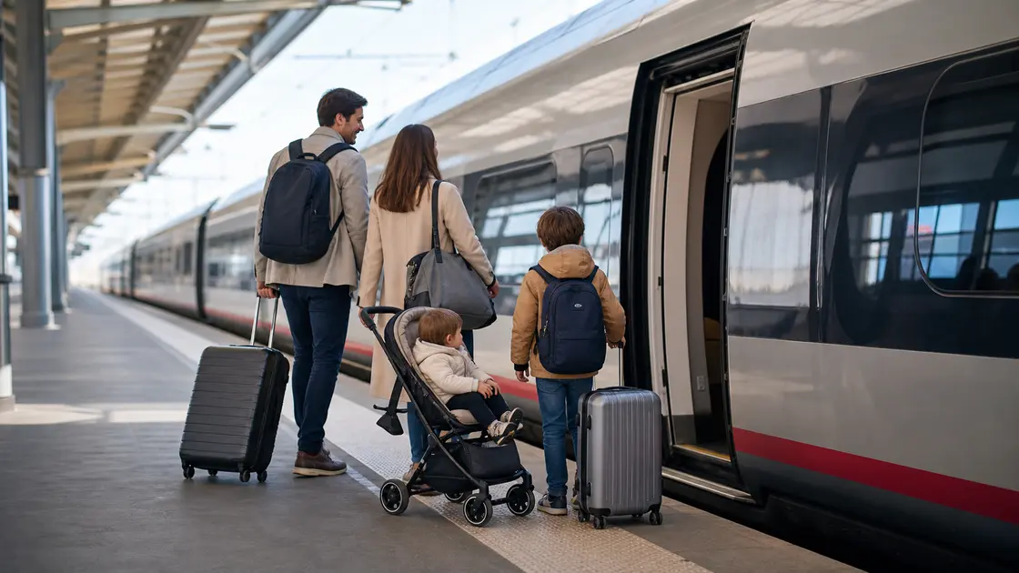 Une famille avec une poussette et des valises s’apprête à monter dans un train