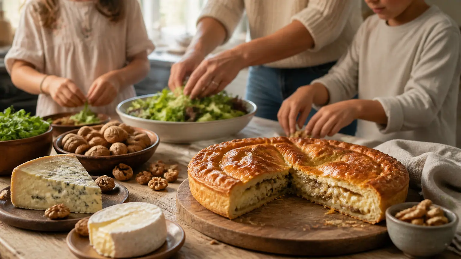 Spécialités iséroises et préparation familiale autour de noix, fromages et plat à partager