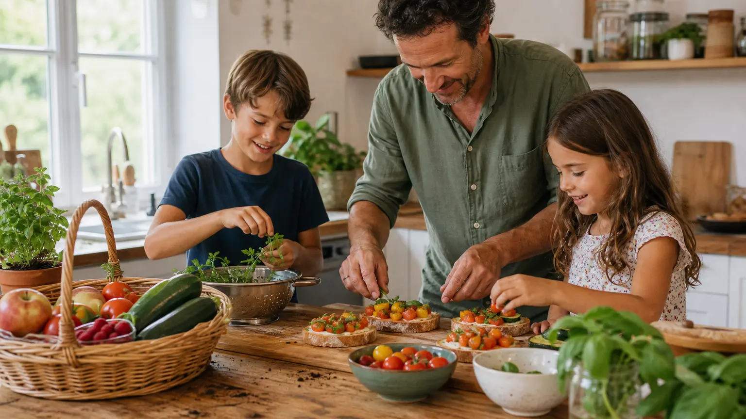 Parent et enfants préparant une recette avec des fruits ou légumes fraîchement cueillis
