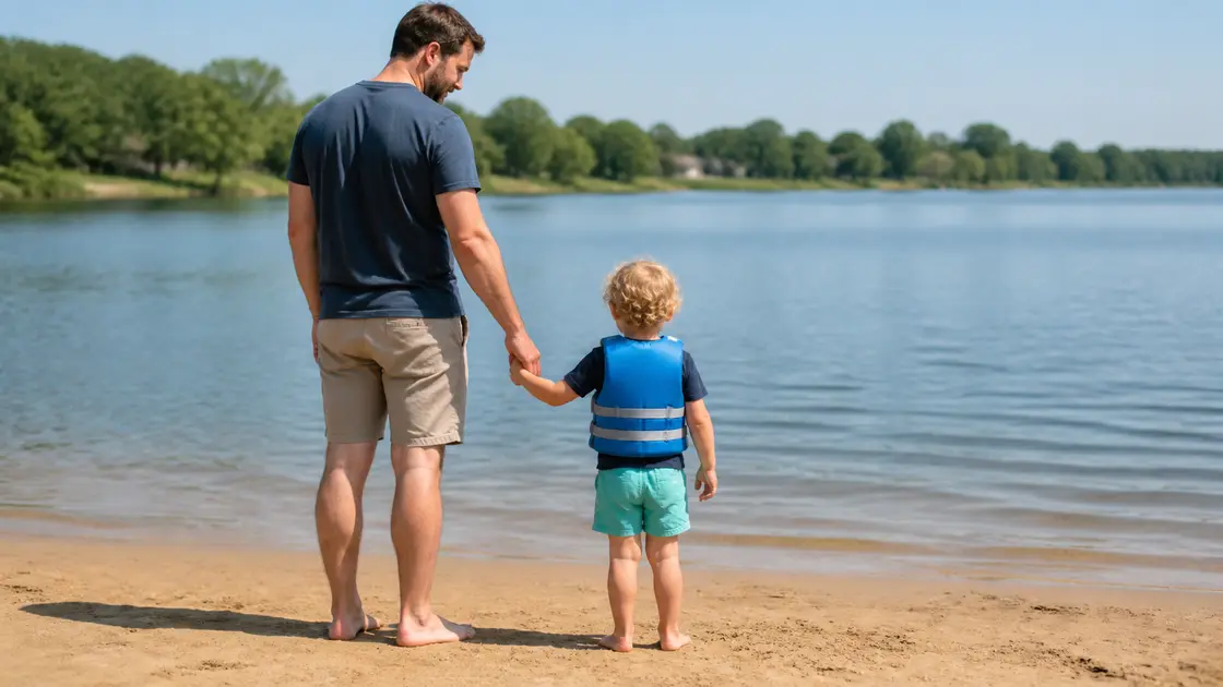 Un enfant équipé pour la baignade reste à portée de main d'un adulte près de l'eau