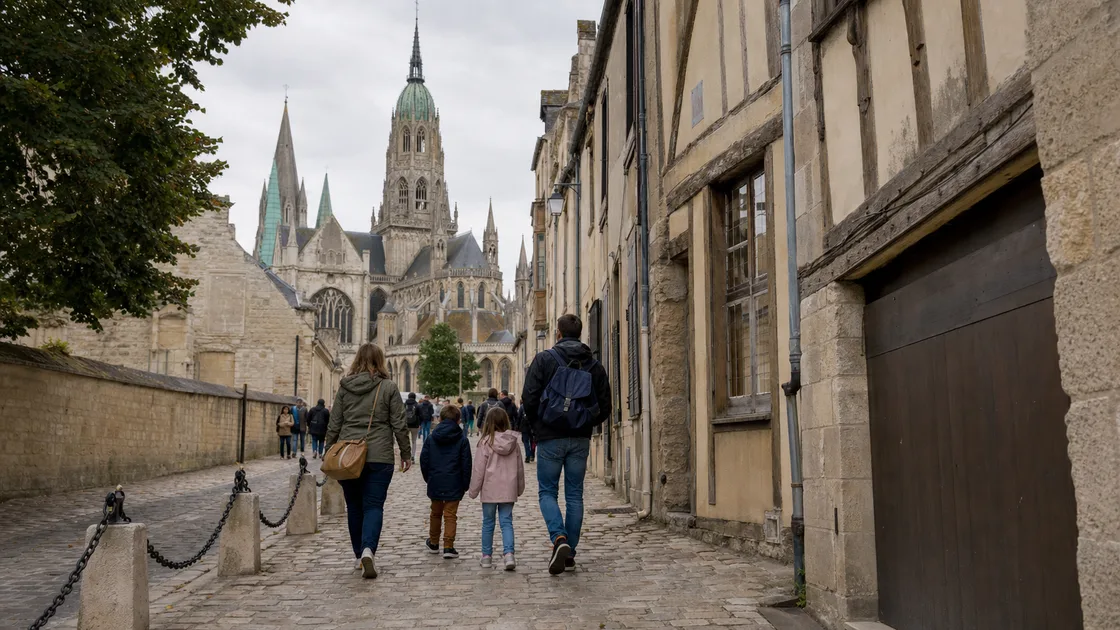 Une famille découvre le vieux Bayeux à pied près de la cathédrale