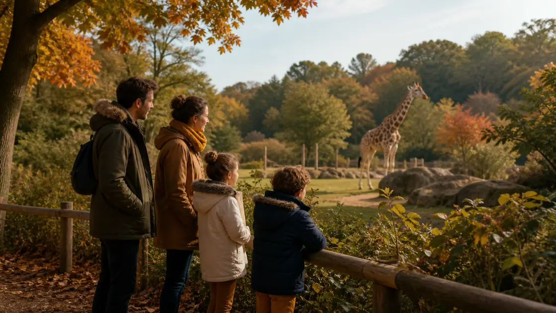 Une famille observe des animaux dans un parc zoologique aux couleurs de l'automne pendant les vacances de la Toussaint