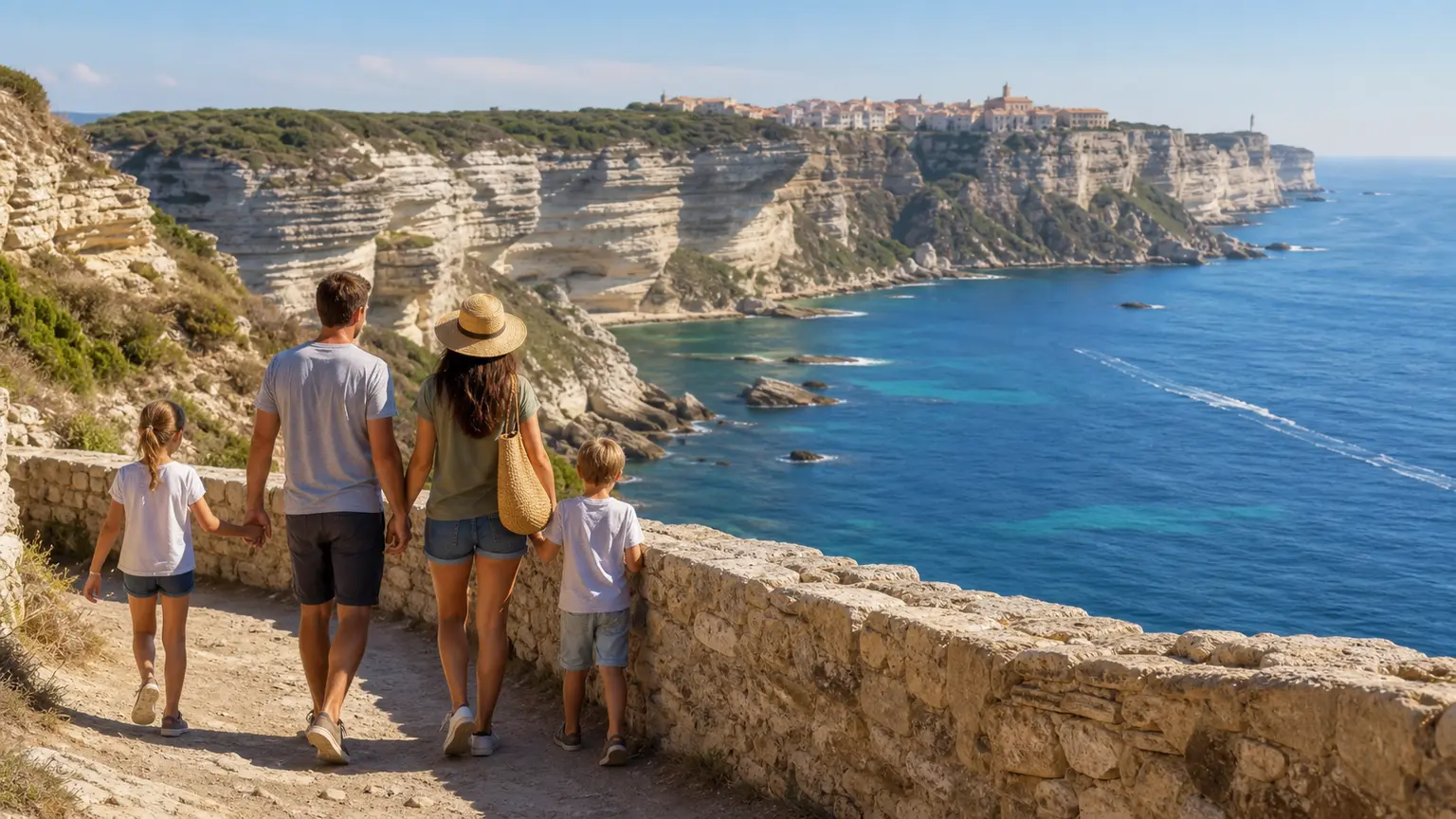 Famille profitant de la vue sur les falaises et la mer à Bonifacio