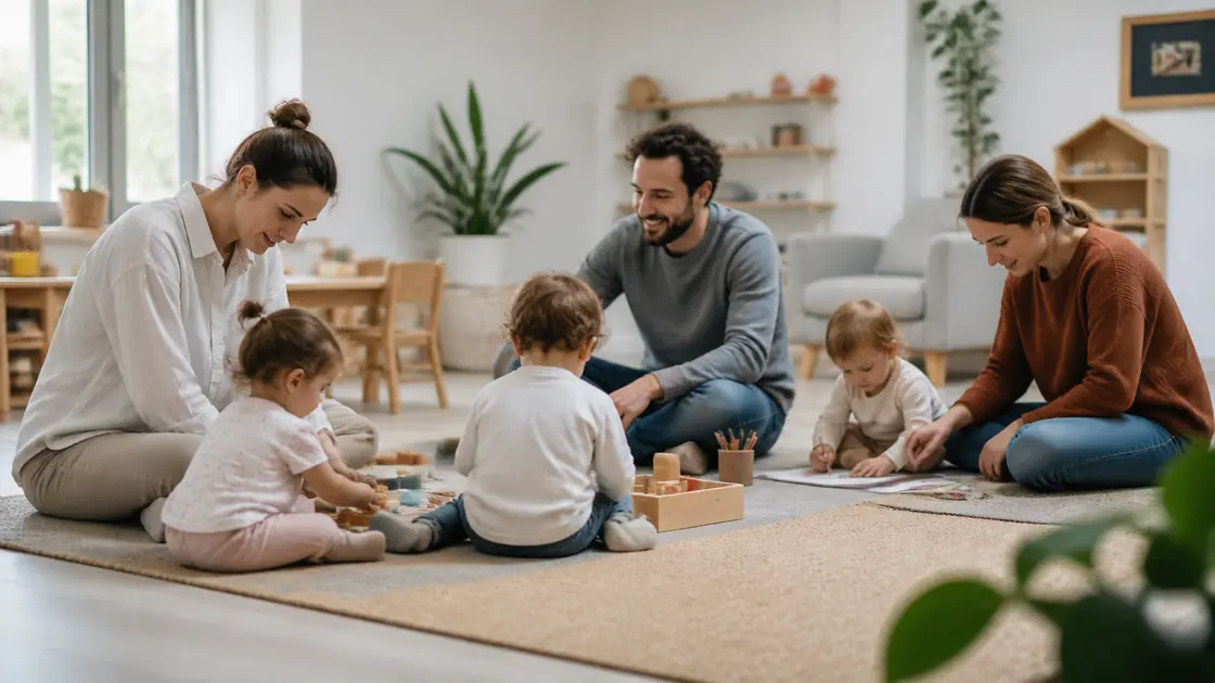 Des parents et de jeunes enfants partagent un moment de jeu dans un espace lumineux consacré à la parentalité