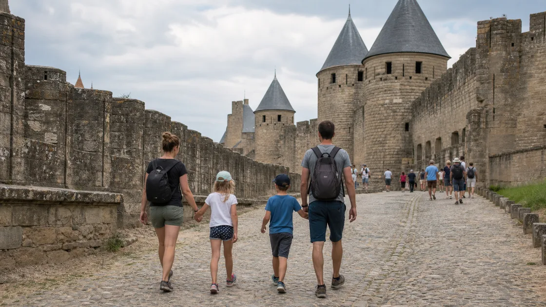 Une famille marche vers les remparts de la cité de Carcassonne