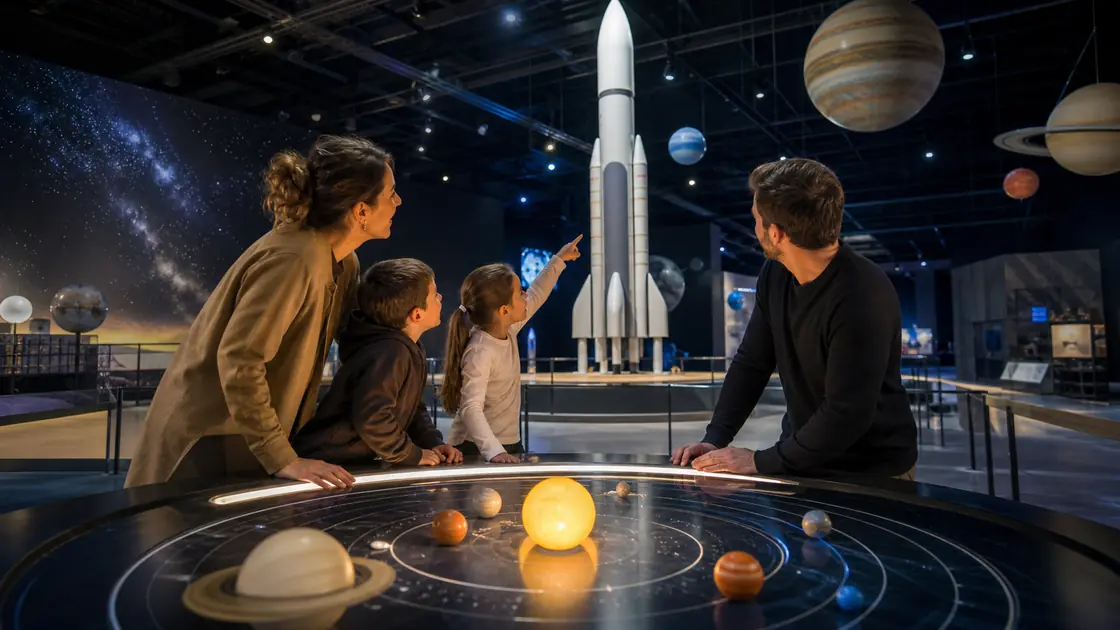 Une famille explore une maquette du système solaire devant une fusée dans un espace scientifique