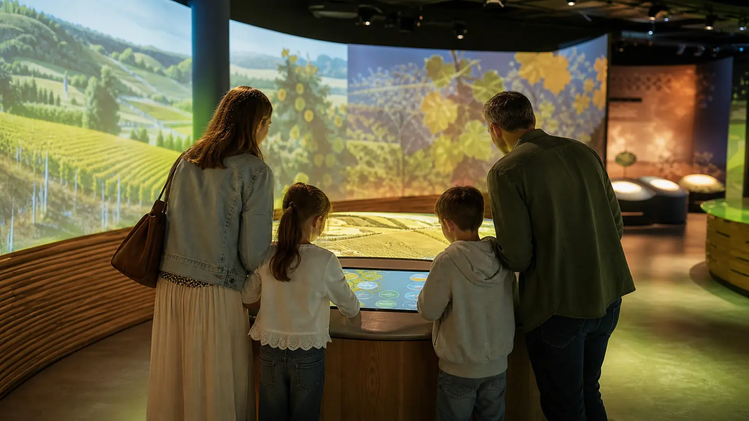 Une famille visite un espace muséal immersif à la Cité des Climats à Beaune
