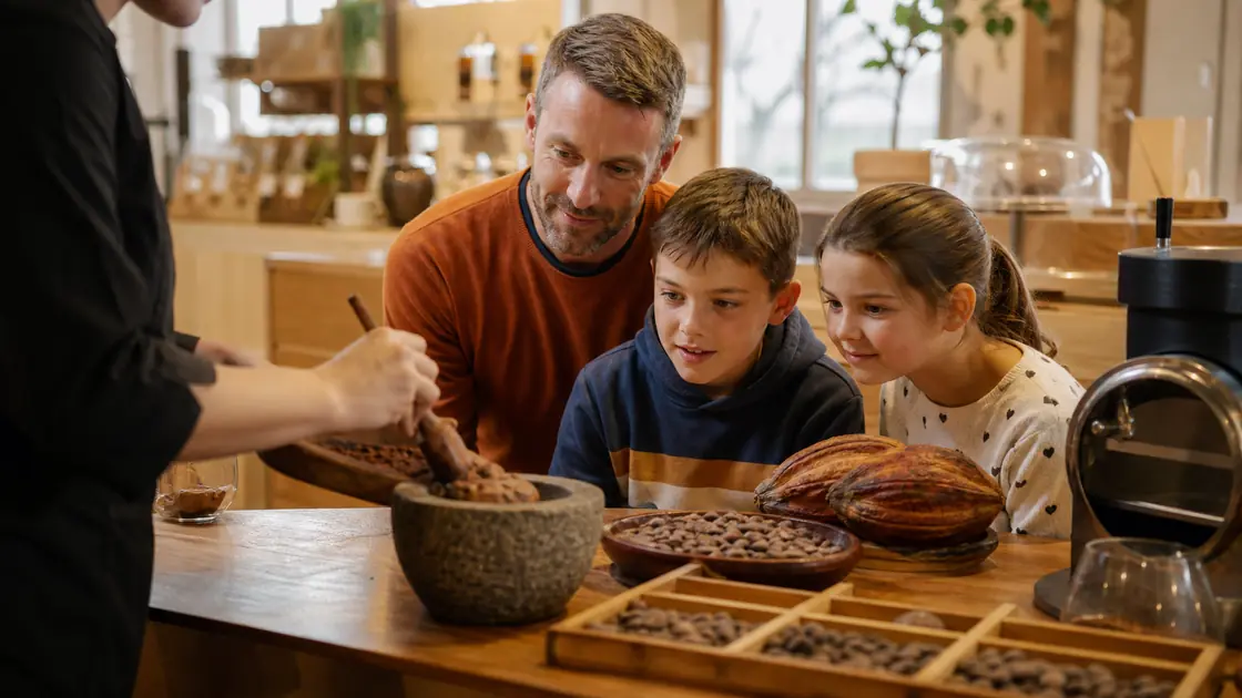 Une famille découvre le chocolat et sa fabrication dans un espace de visite pédagogique à Tain-l'Hermitage
