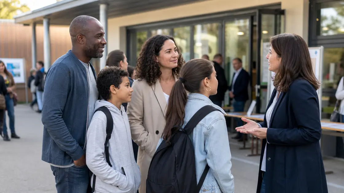 Des parents et leurs enfants échangent avec une responsable à l’entrée d’un établissement scolaire