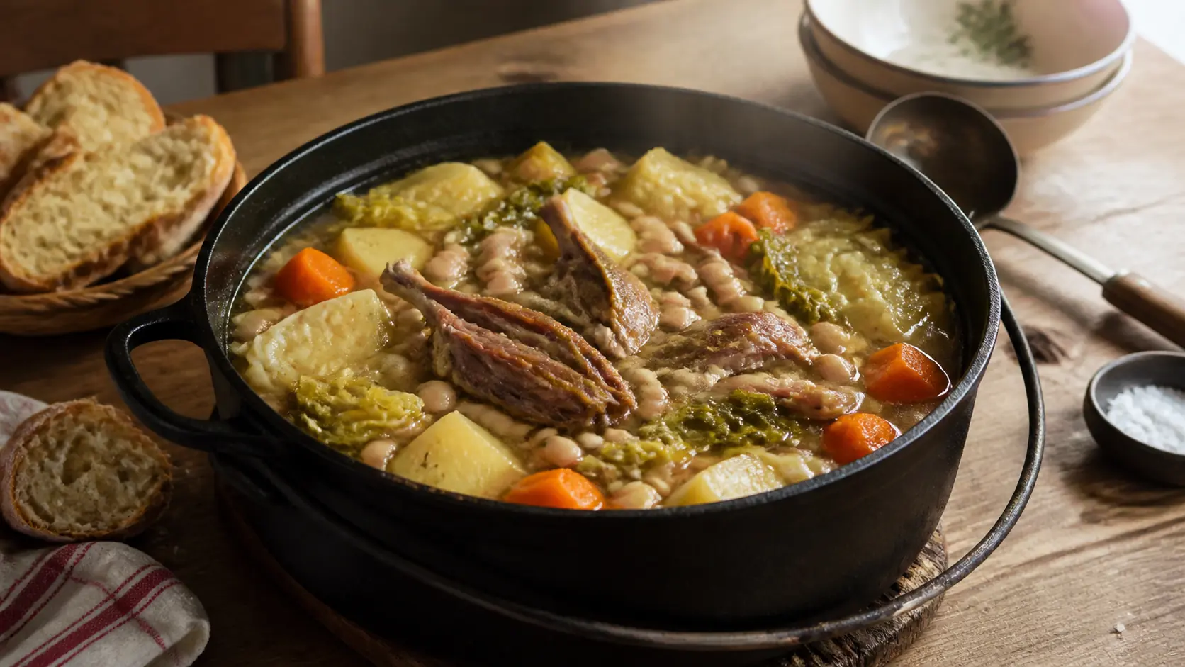Garbure landaise aux légumes, haricots blancs et confit de canard dans une grande marmite